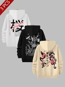Men's Floral Animal Print Fleece Hoodie, Casual Graphic Pullover, Summer Fashion, Moderate Fabric, Unisex, 3-Pack