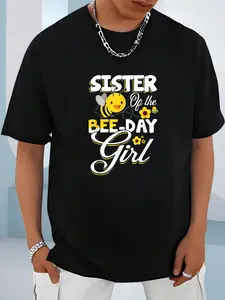 100% Cotton Unisex Sister of The Bee Day Girl Bee Birthday Party Theme T-Shirt, Men's Women's Shirt Top, Short Sleeve Tops Crewneck T-shirt