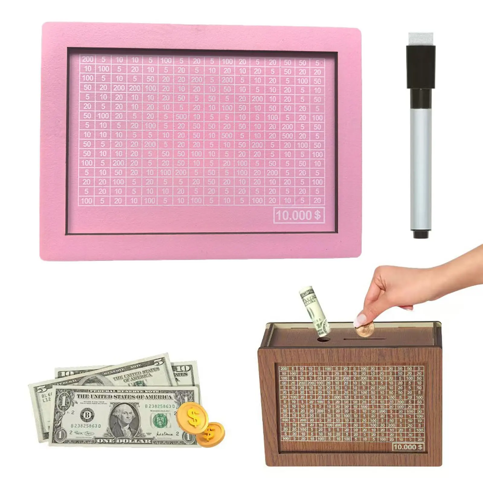 Cash Vault Wooden Savings Box 10000, 2026 New DIY 10000 Savings Challenge Box, Coin Counter Piggy Bank Money Boxes with Money Target and Numbers, Retro Cash Saving Boxes
