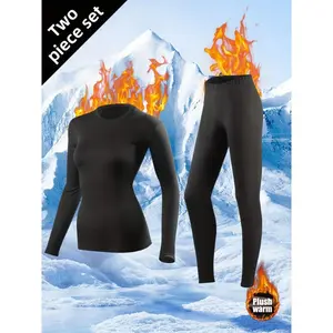 Women'S 2pcs Thermal Underwear Set - Plush Lined Long Sleeve Top and Pants, 90% Polyester 10% Elastane, Medium Stretch Knit, Solid Color - Winter Base Layer Ski Wear Fabric Womenswear Comfort Basic Crewneck Minimalist Round Neck