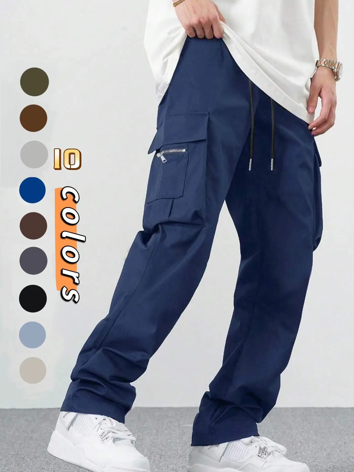 Men's Solid Loose Drawstring Waist Cargo Baggy Pants, Men's Clothing Outfits, Casual Street Fashion Zipper Multi-pocket Trousers for Daily Wear, Back