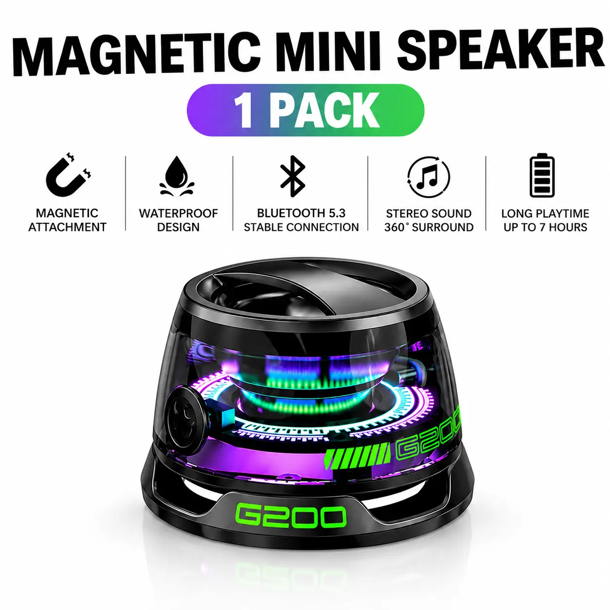 G200 Magnetic Snap-On Palm-Sized Metal Speaker Bluetooth 5.3 - 5W Cordless Stereo, Transparent RGB LED Light, Game Mode, 7H Playtime, Phone Stand, Strong Connection, Rich Audio, Battery-Included (Black) for Smartphones, Travel, Music Lovers