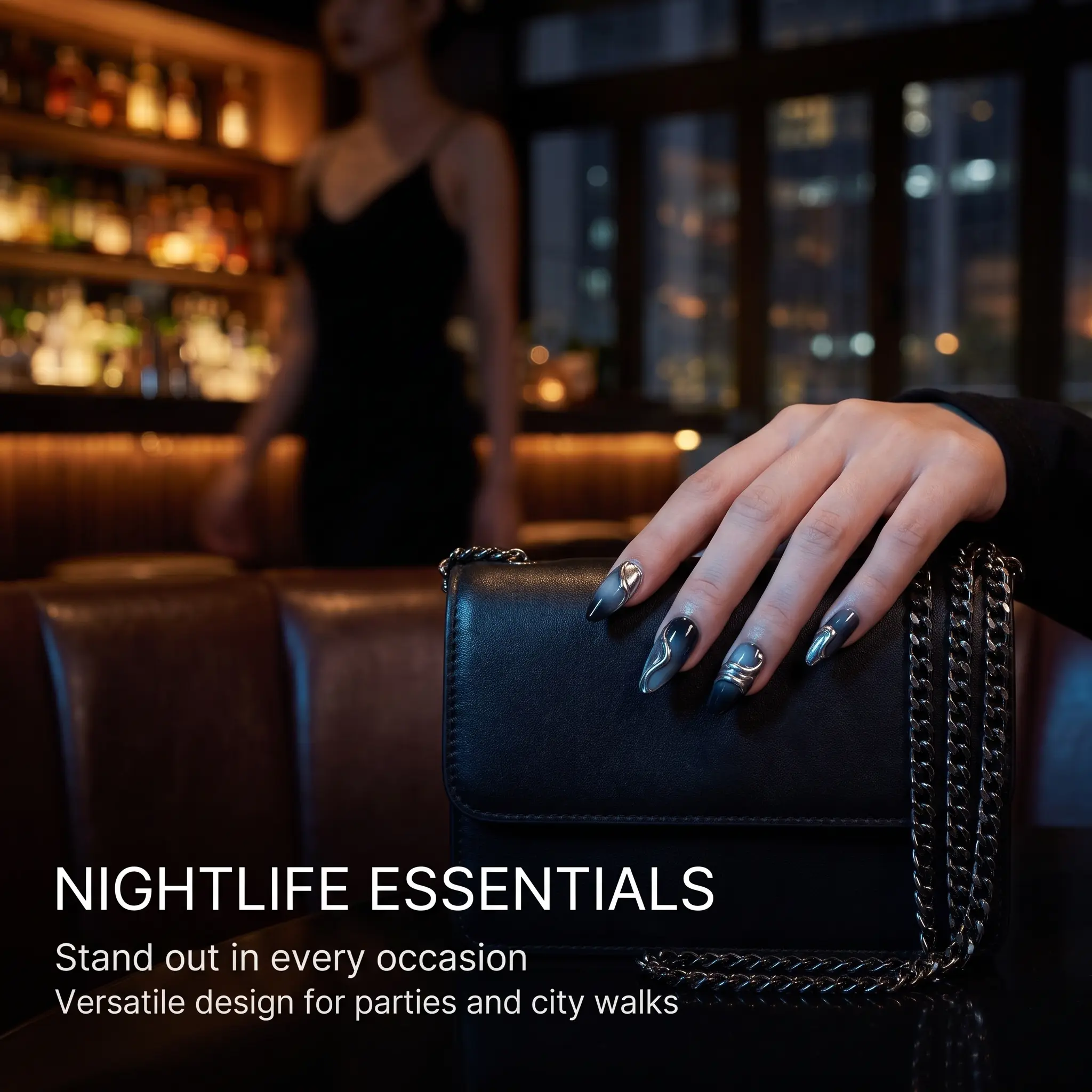 Zatvios 30Pcs Misty Blue Grey Liquid Silver Press On Nails 3D Metallic Wave Fake Nails For Bar Night Parties City Night Outing
