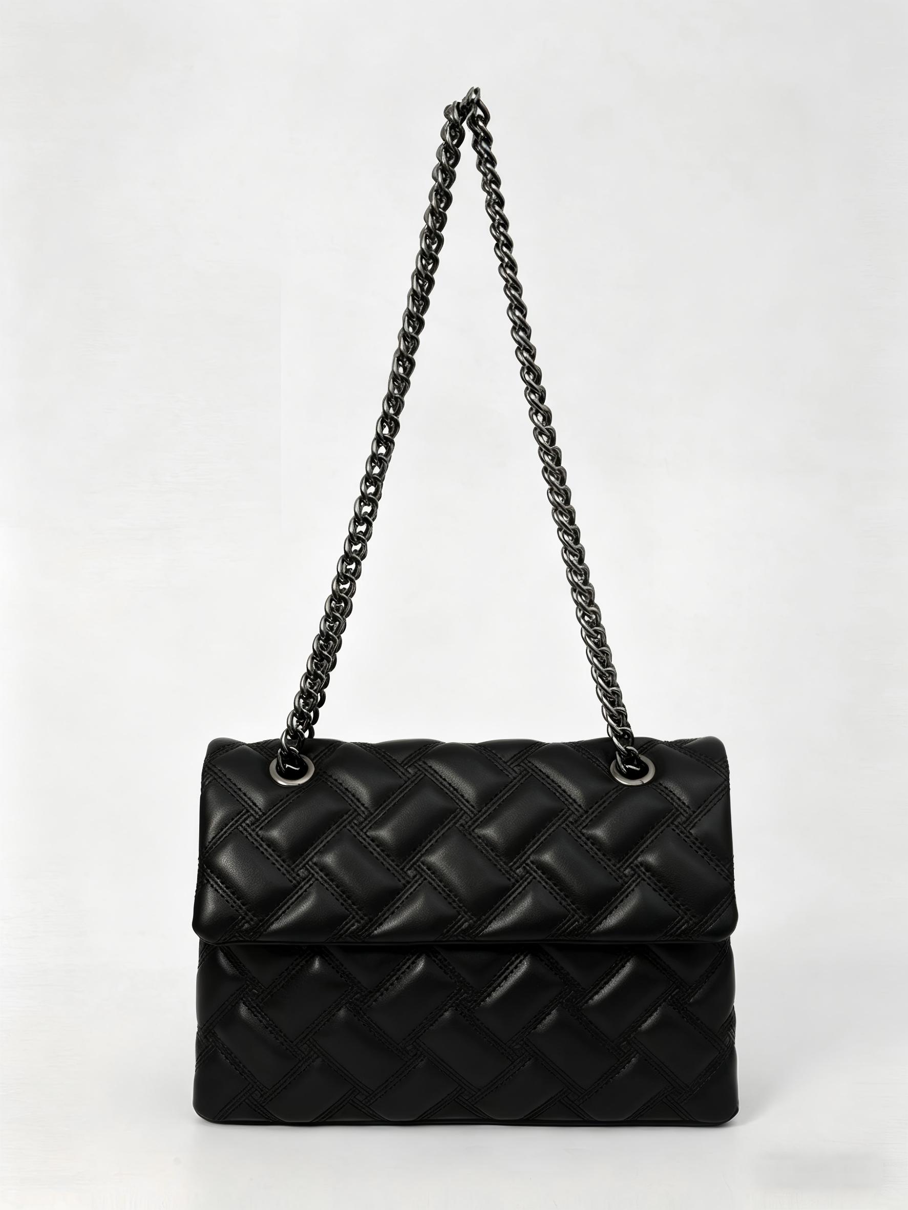 2026 New European Style Chain Messenger Bag, Plaid PU Material, Large Capacity, All Seasons, Perfect for Commuting and Daily Use