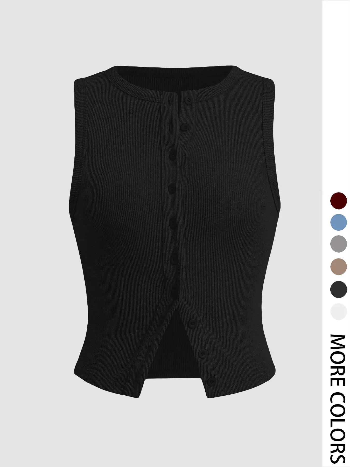 Women's Plain Button Front Ribbed Crop Tank Top, Casual Sleeveless Round Neck Top for Daily Wear, Ladies Clothes for All Seasons