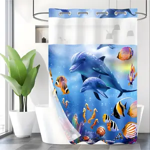 LVRLVR 1pc Underwater Dolphin Tropical Fish Shower Curtain with Sheer Top Window, Detachable Liner & No Hook C-Ring, 70.8" x 74"