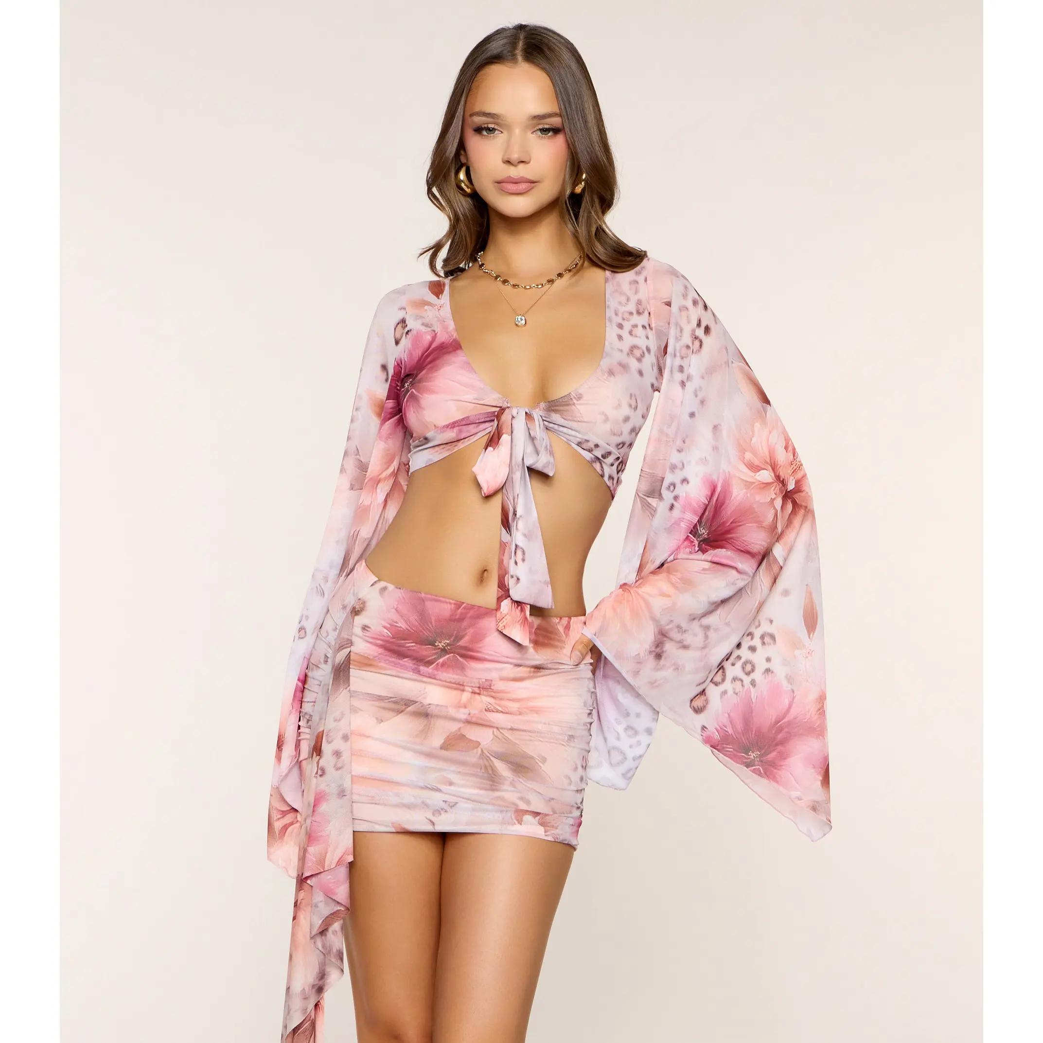 Pretty Vibes Floral Print Long Sleeve Tie-Front Top