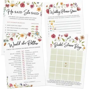 Printed Party Bridal Shower Game Set - 4 Fun Games Activities for 30 Guests, Includes Bingo, He Said She Said, Bride & Groom Trivia, Wedding Phrase Guessing Game, Love In Bloom Wildflower Design