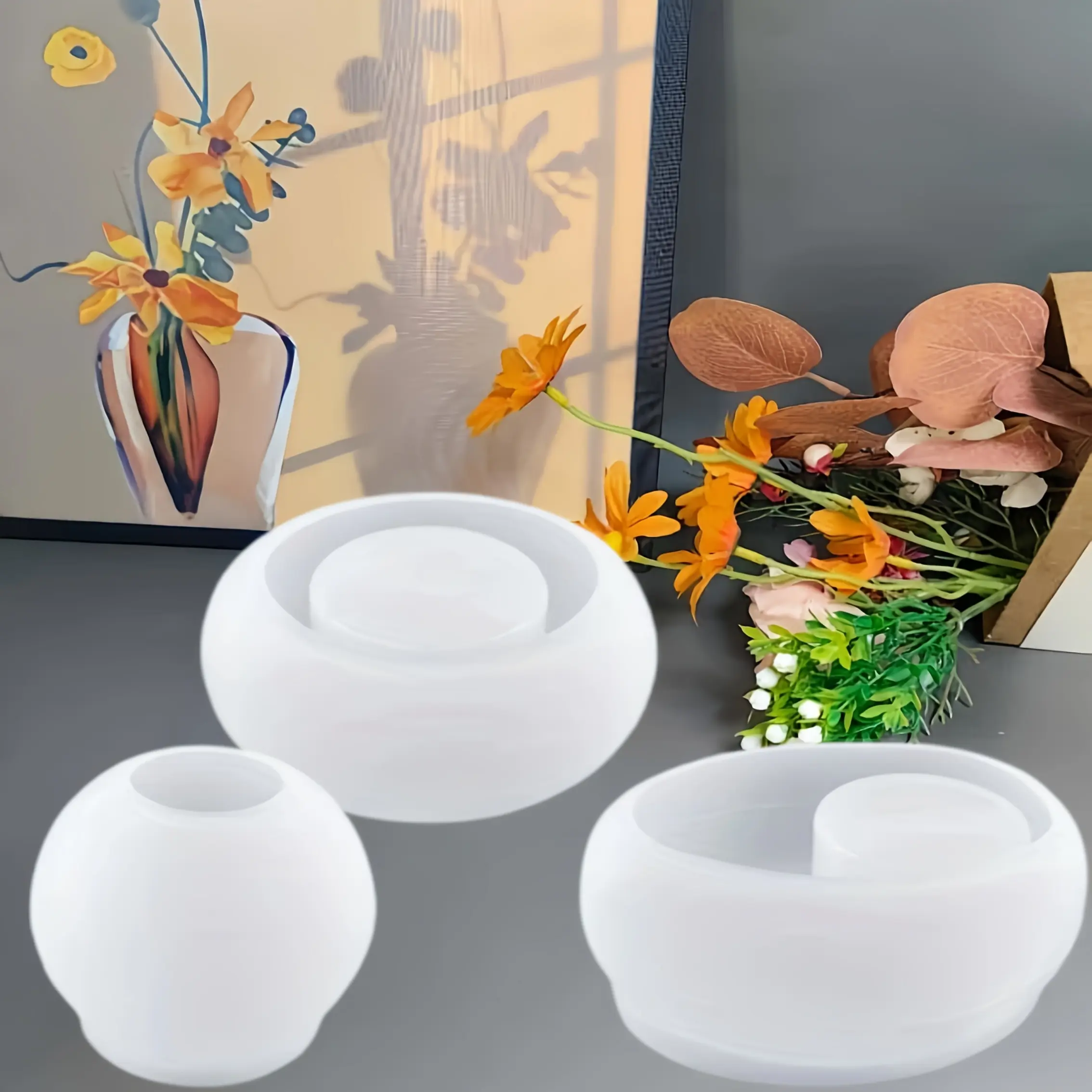 3 pack Epoxy resin three-dimensional candle lamp stand decoration stone flower potted plant silicone mold, Suitable for DIY Home Decoration, Resin, Concrete, Epoxy Resin Processes