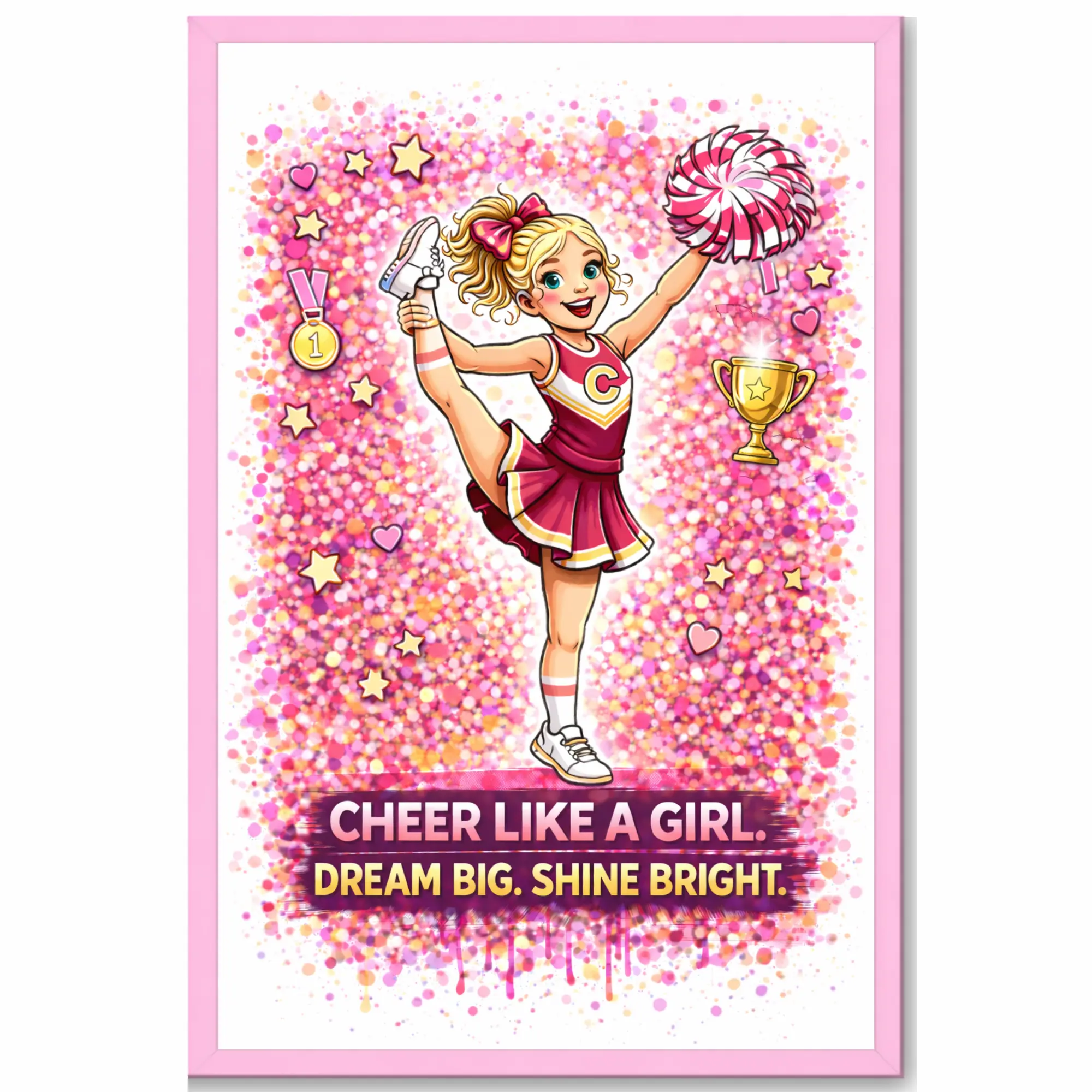 Cheer Like a Girl Wall Art Framed Poster 11x17, Kids Cheerleader Room Decor, Dream Big Shine Bright Print, Motivational Wall Art for Little Girls, Pink Sports Decor