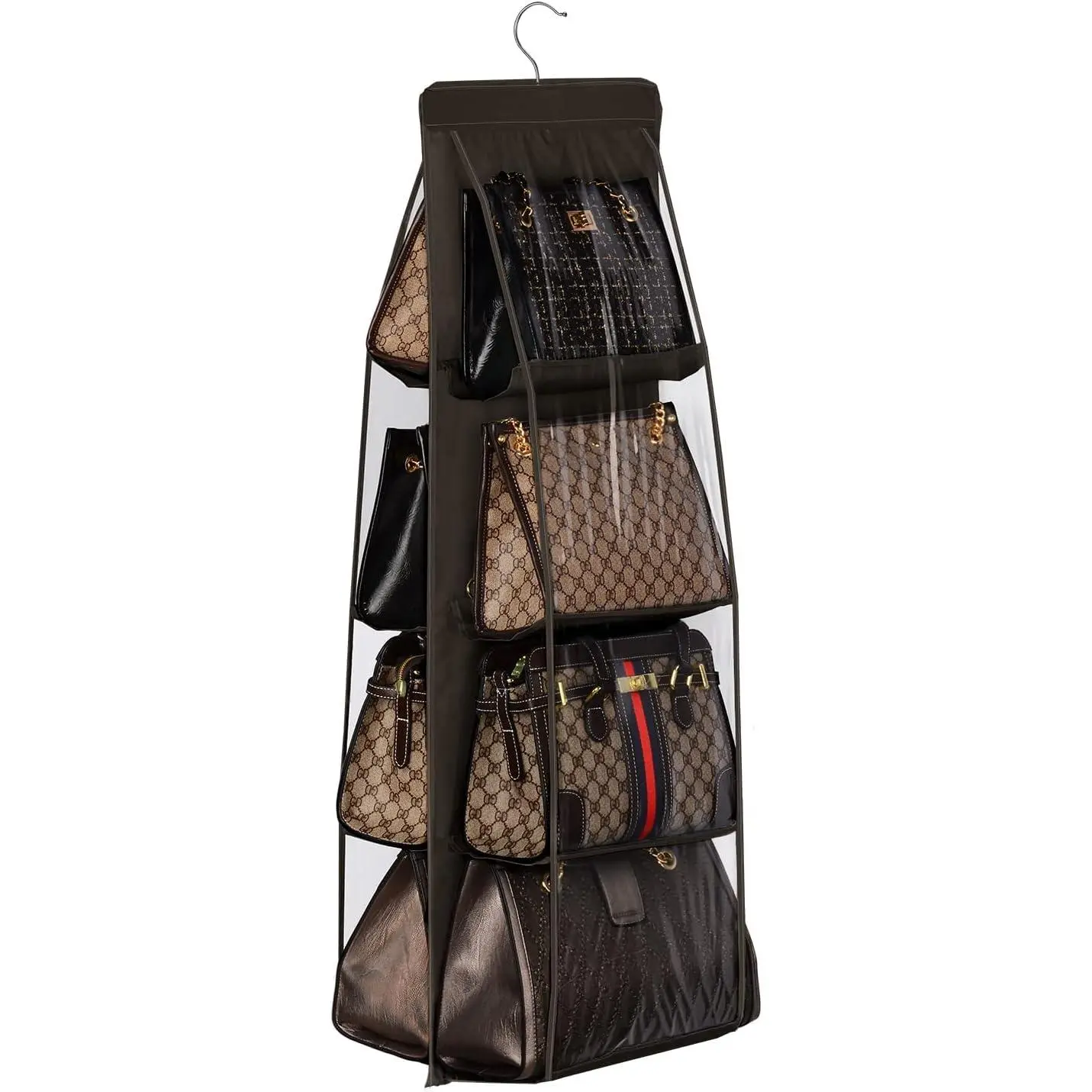Handbag Hanging Purse Organizer for Closet, 8 Pocket Handbag Storage Organizer Hanger Oxford Cloth Closet Organizer for Family Closet Bedroom, Foldable and Universal Fit, Dark Brown