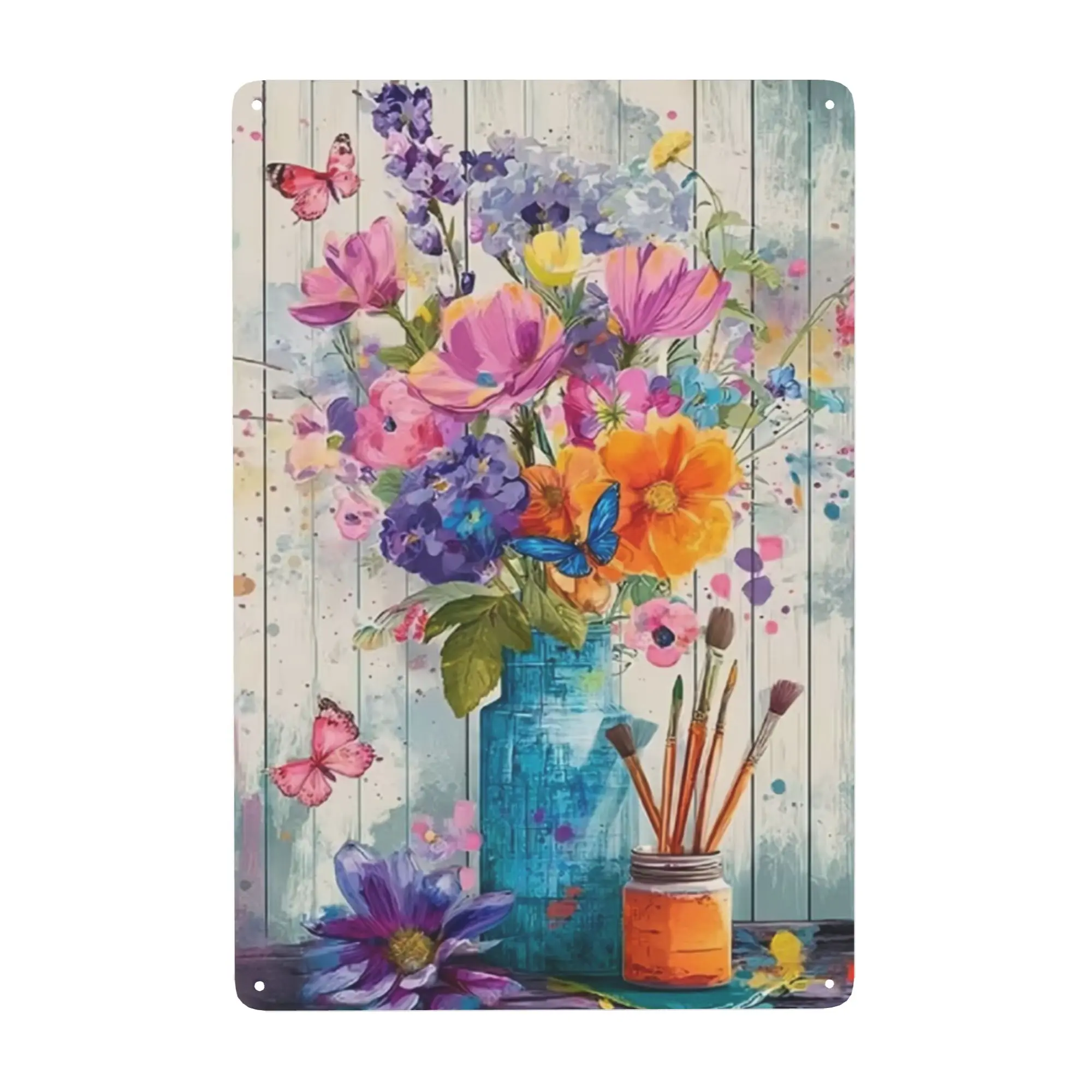 Vintage Distressed Metal Tin Sign - Decorative Magical Floral Wall Plaque with Vibrant Mixed-Color Flowers, Blue Vase, Paint Brushes, Butterflies, Wood Plank Design, Shabby Chic Artist Decor for Girls Bedrooms, Sunroom, Greenhouse