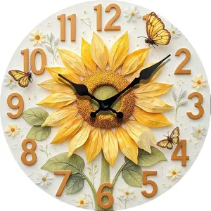 Round Silent Non-Ticking Digital Wall Clock with Sunflower Display - Modern - Numbers, Artificial Wood Frame Suitable for Home, Room, Office - Battery- (AA Battery Not Included)