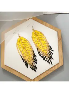 European and American Bohemian Long Rice Bead Tassel Earrings Ethnic Style Hand-woven Colorful Leaf Earrings for Women Dangle Earrings