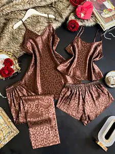 Women's 4-Piece Pajama Set, Fashionable V-Neck Strap Dress, Round Neck Sleepwear, Comfortable Shorts and Pants, Ideal for Romantic Evenings, Loungewear