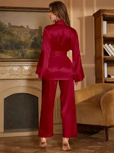 Women's Luxury Satin Pajama Set, Soft Silky Smooth 2 Piece Loungewear with Kimono Robe & Wide Leg Pants, Elegant Sleepwear for Home, Evening Party, Dinner, Bridal, Holiday, Valentine's Day, Perfect Romantic Gift for Her