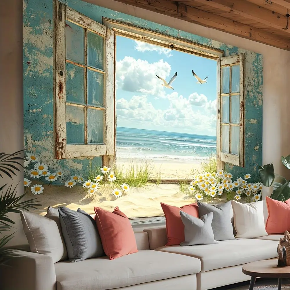1pc Durable Glam 2D Flat Coastal Beach Landscape Peel-and-Stick Wallpaper, Realistic Ocean View Open Window with Turquoise Frames, Easy-to-Apply White Decorative Sticker (Textiles & Soft Furnishings)