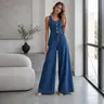 EL Elengatine Women's Clothing Vintage Cotton Sleeveless Denim Jumpsuit - High Waisted Wide Leg Overalls, Sexy Scoop Neck, Button-Up Front, Cinched Waist Figure-Shaping, Seam Detail, Comfort Stretch Blue, Chic Streetwear