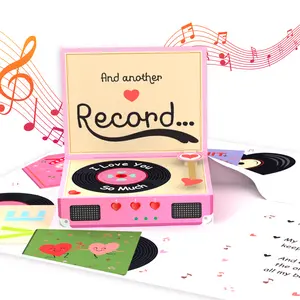 Music & Lights 3D Anniversary Card - Love Romantic Pop-Up Vinyl Record Player with Mini Records & Light Show Perfect for Valentine's Day & Anniversaries