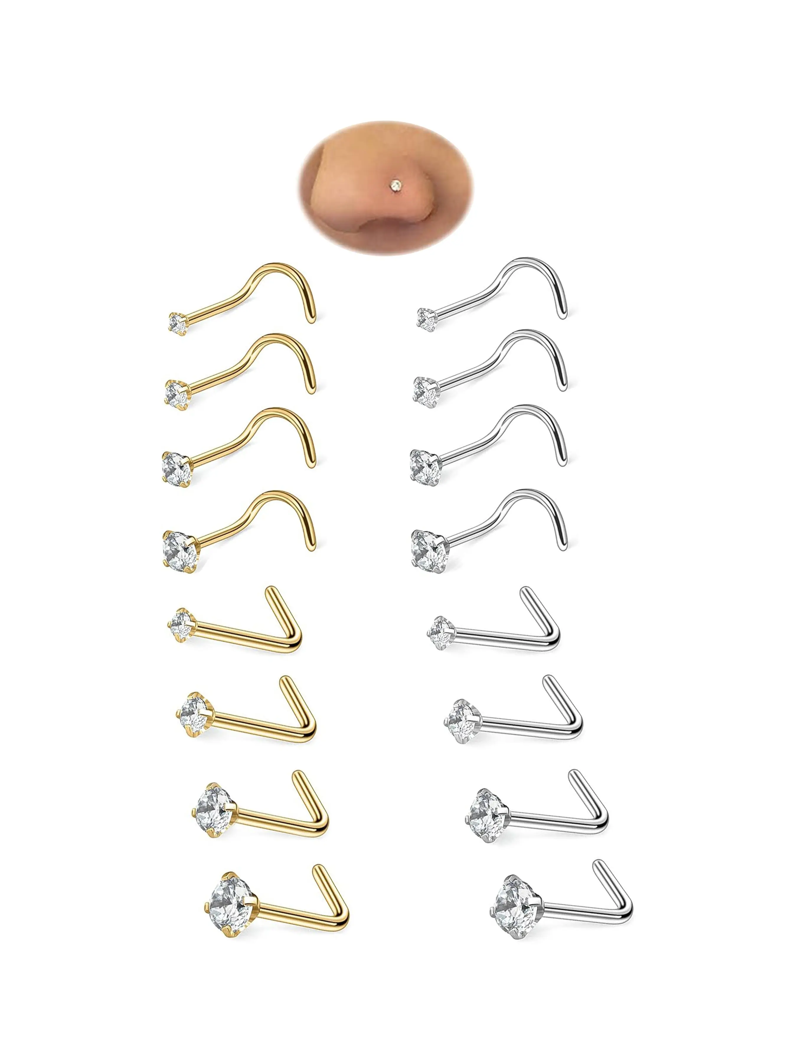 4Pcs 20G Nose Rings Studs for Women, 1.5-3mm Hypoallergenic Cubic Zirconia Surgical Steel Nose Piercing Jewelry, Wedding & Christmas Gift