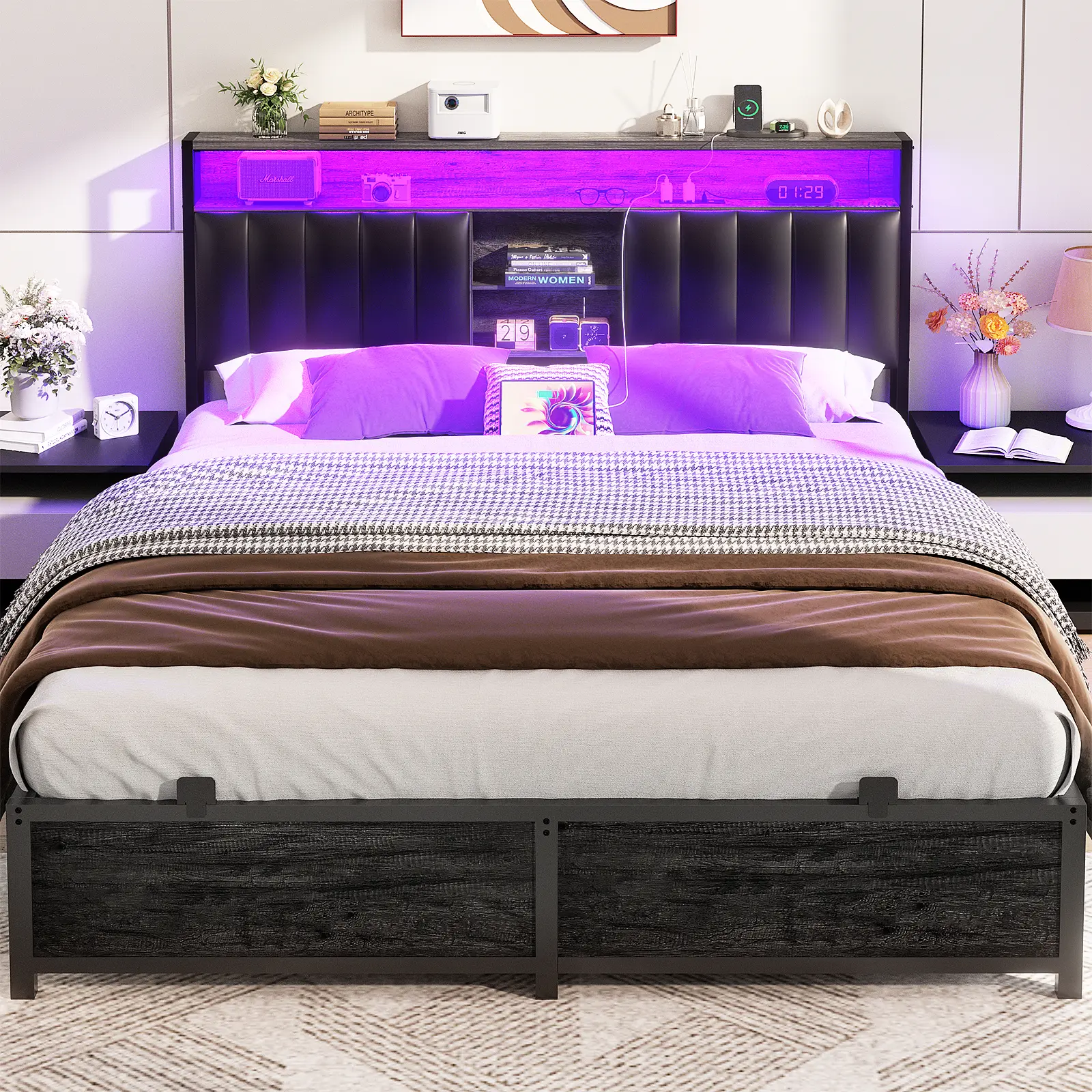 Cyclysio Bed Frame King/Queen/Full Size with Charging Station, LED Bed Frame with Storage Headboard, Metal Platform Bed with Glass Shelves, Bookcase Storage, No Box Spring Needed, Noise-Free, Black Oak