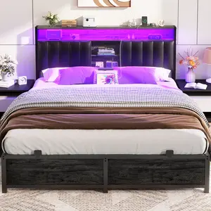 Cyclysio Bed Frame King/Queen/Full Size with Charging Station, LED Bed Frame with Storage Headboard, Metal Platform Bed with Glass Shelves, Bookcase Storage, No Box Spring Needed, Noise-Free, Black Oak