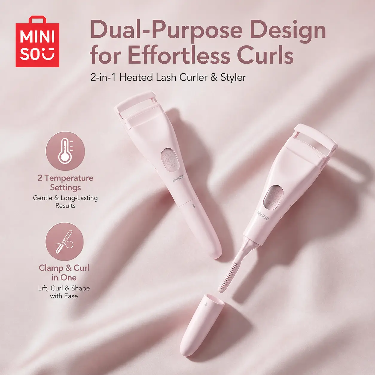 MINISO Dual-Ended 2-in-1 Heated Eyelash Curler | Electric Lash Curler with Fast Heating for Long-Lasting Natural Curl & Everyday Makeup, Back To School