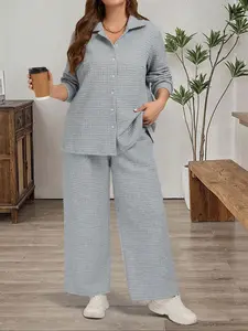 Women's Plus Size Casual Comfortable Home & Set, Oversized Solid Color Button-Up Shirt Top & Matching Straight-Leg Pants