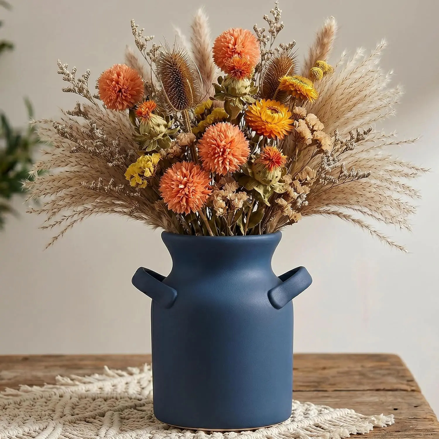 Blue Ceramic Vase with Handle, Coastal Decor, Home Decorative Vases, Beach Decor Nvay Blue Vase for Kitchen, Bedroom, Office, Living Room, Bathroom, & Shelf Centerpiece Table Decoration