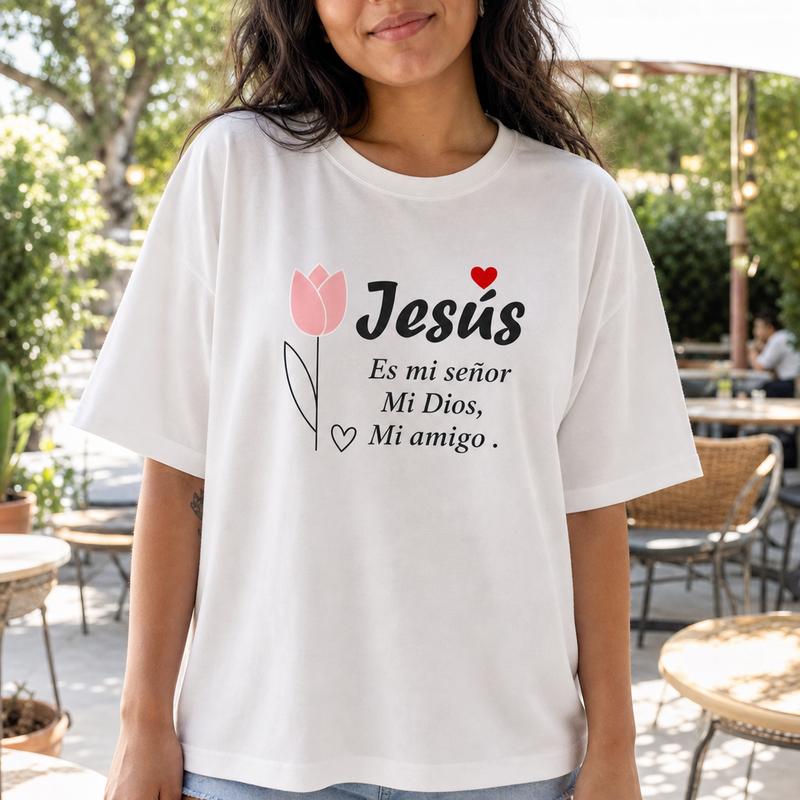 Women's 100% Cotton Casual Short-Sleeve Crew Neck Drop Shoulder Graphic Print Tee - Spanish Jesus Floral Design, Minimalist Faith Quote, Breathable Christian Streetwear Casual Wear Top
