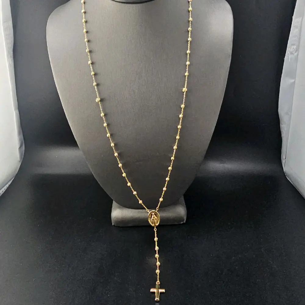 14K Gold Rosary Necklace 24" with Beaded Design and Cross Pendant for Religious Jewelry