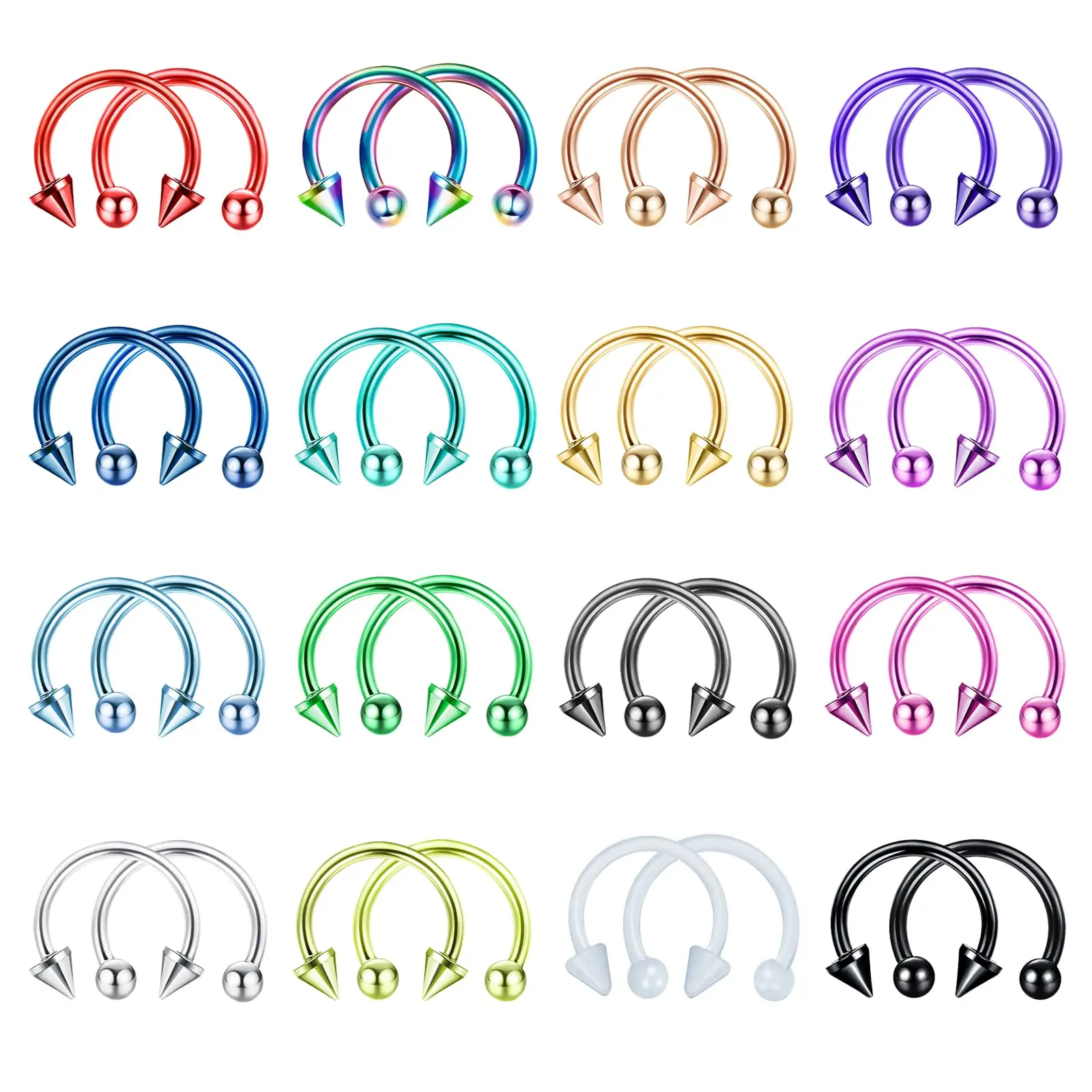 32pcs 16g Horseshoe Septum Rings Stainless Steel Nose Circular Barbells Cartilage Tragus Helix Eyebrow Colorful Daith Earring Piercings Body Ball/arrow 8mm 10mm