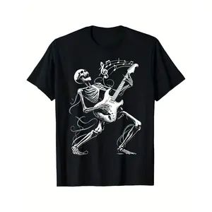Men'S Rock Band Skeleton Guitarist Graphic T-Shirt - Black & White Music Tee with Electric Guitar & Stage Performance Design, Crew Neck, Casual Shirt for Concerts, Rock Style Outfits