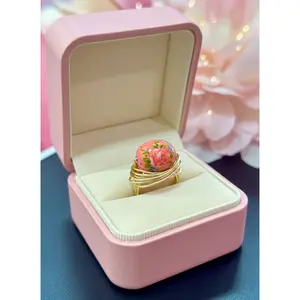 Peach Floral Bead Ring – Gold Wire Wrapped Egg-Shaped Statement Ring
