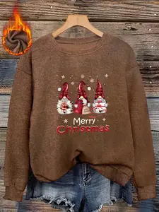Christmas Elf Faux Fur Round Neck Top, Cute Elf Print, Soft and Skin-Friendly, Loose and Lazy Fit, Festive Atmosphere, Fall & Winter Comfort