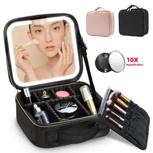 Travel Makeup Bag with LED Lighted Make up Case with Mirror 3 Color Setting Cosmetic Makeup Box Organizer Vanity Case for Women Beauty Tools Accessories Case Rechargeable, Gift