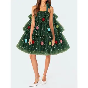 Women Christmas Tree Dress Sleeveless Sequin Layered Tulle Tutu Dress Christmas Xmas Tree Green Dresses Casual Womenswear Fit Forest Style Twist ComfortKVYY