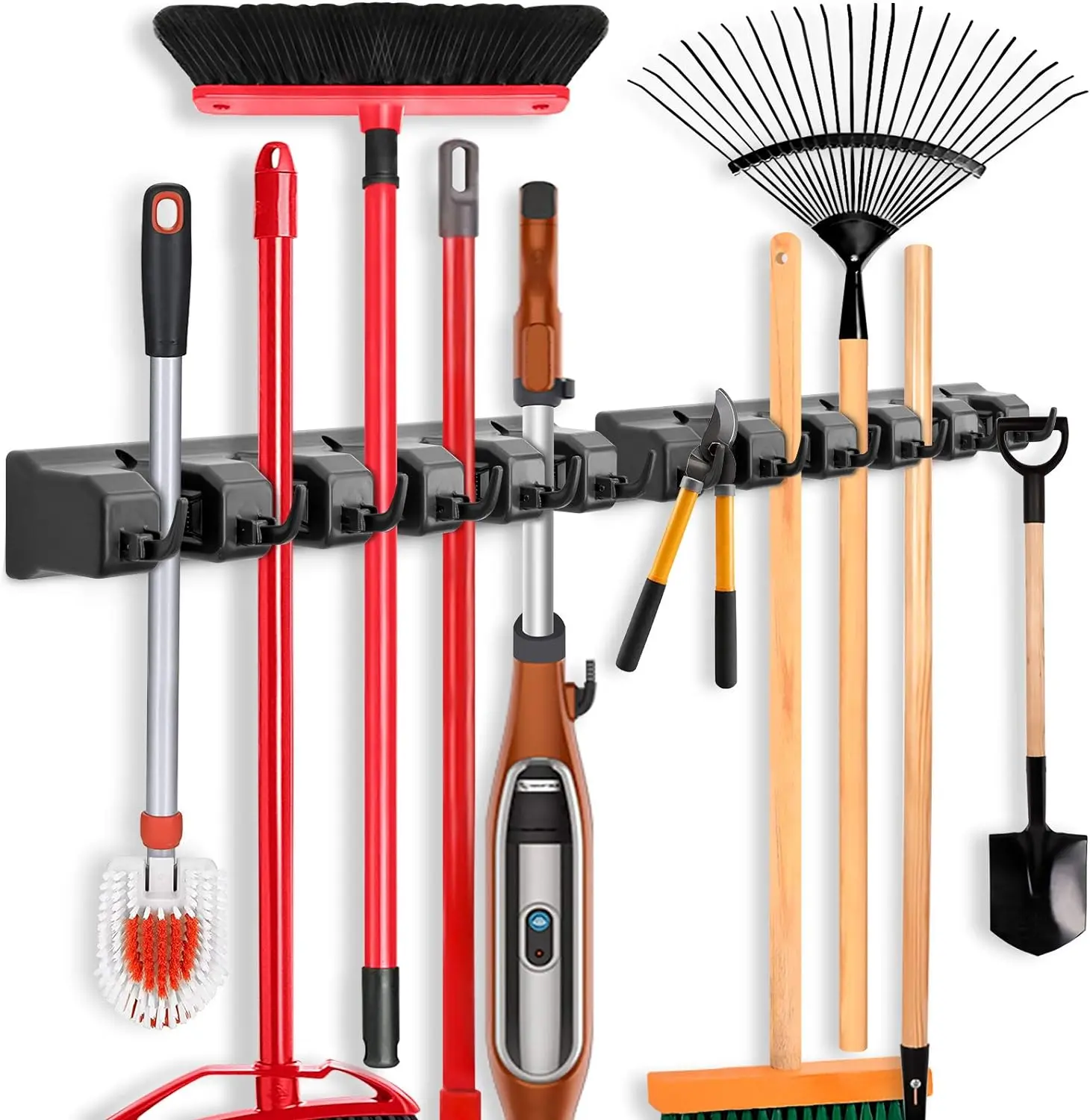 2 Pack Mop and Broom Holder, Wall Mounted Organizer Mop and Broom Storage Tool Rack with 5 Ball Slots and 6 Hooks (Black) Household Installation Laundry Smooth