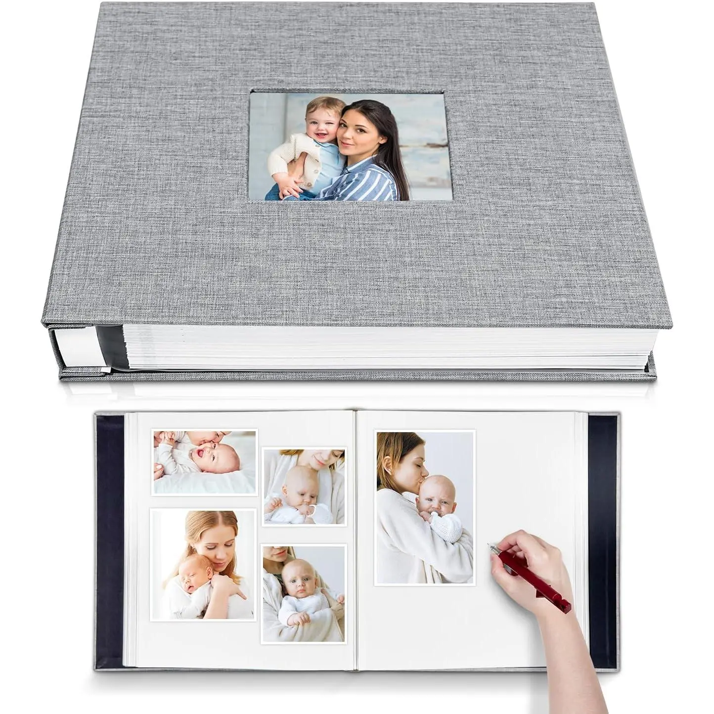 Large Linen Scrapbooking Set with Pen & Scraper for Baby Memory Keeping, Self-Adhesive Memory Book for All Ages for 4x6 & 8x10 Photos