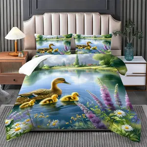 2/3 Pcs Lake Ducklings Bedding Comforter Set, Comforter & 1/2 Pillowcases (no filler), All-Season, Duckling Pattern, Fits Bedroom/Fresh Pastoral Space/Dorm, Ideal for Family/Students/Holiday Gifting