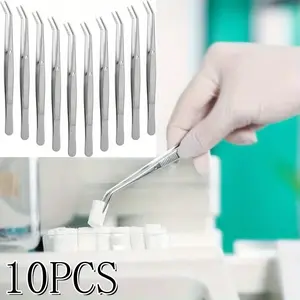 Pack of 10 Sewing Machine Tweezers Set, Multipurpose Long Precision Tweezers, 6.4 Inch Stainless Steel, with Curved Serrated Tip, Silvery Forceps for Bead Crafts Jewelry Making