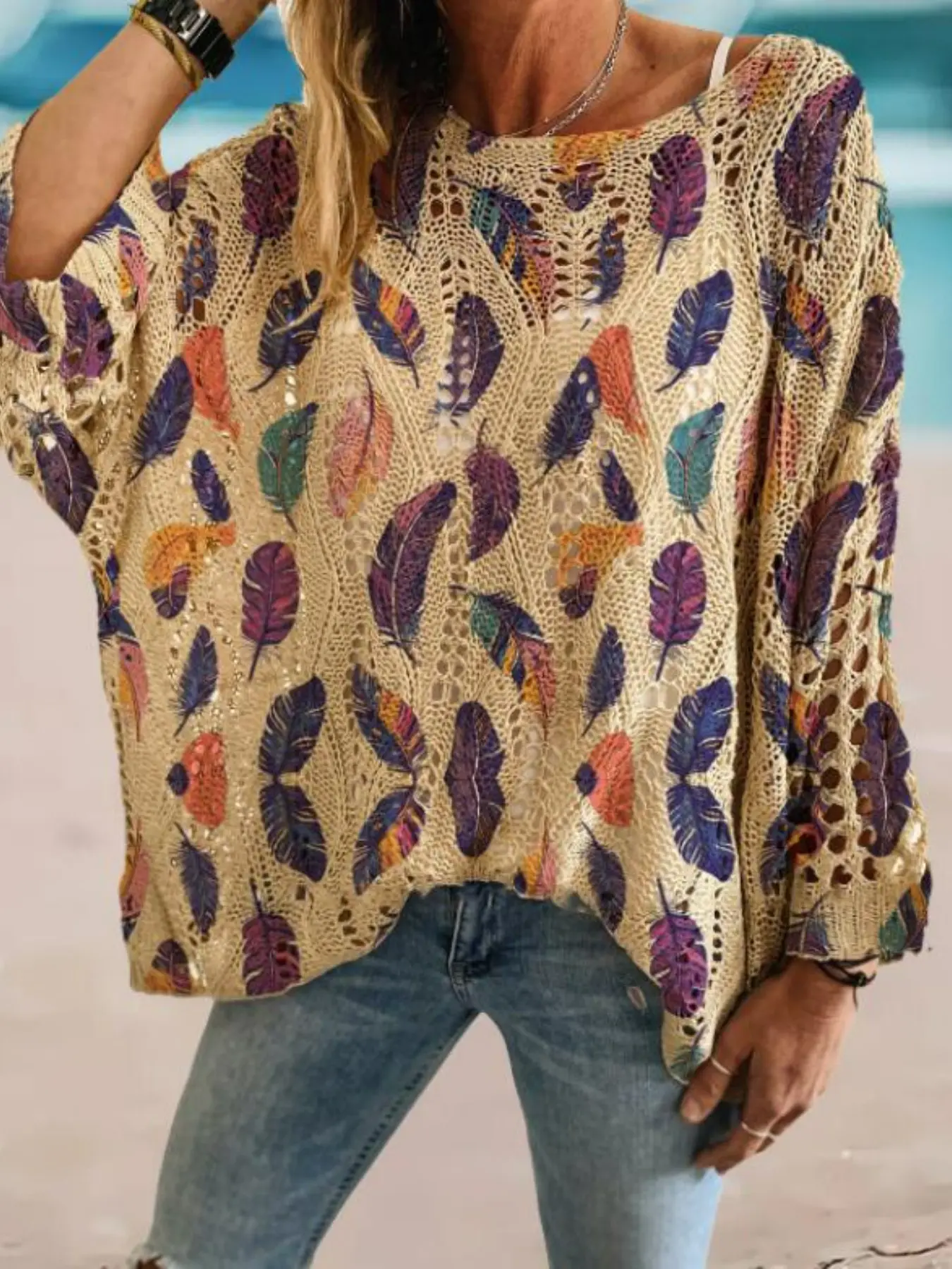 Women's Feather Printed Long Sleeve Knit Top, Elegant Loose-Fitting Hollow Out Batwing Sleeves, Holiday Vacation Sweater
