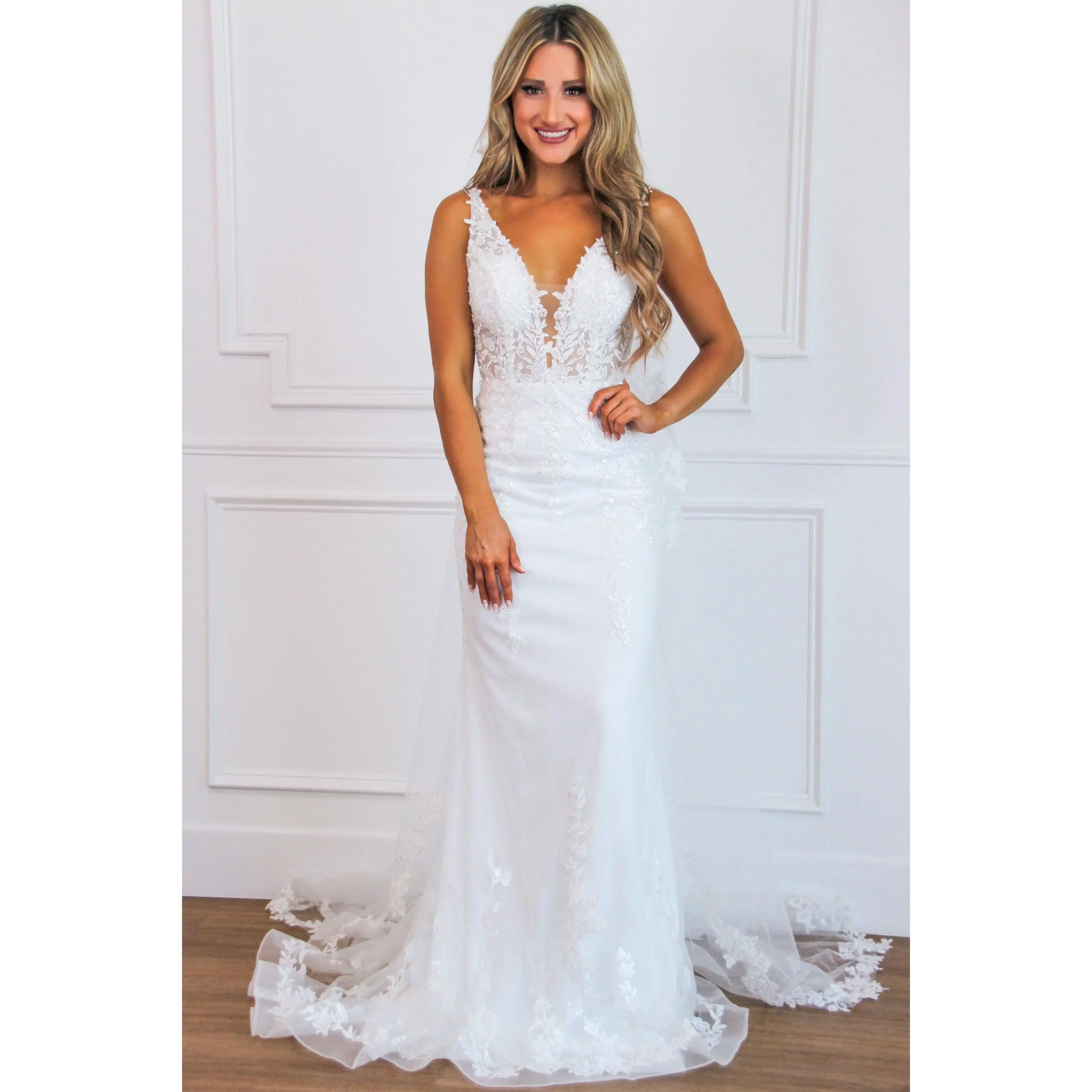 wedding dresses lace sleeves open back Leaf Lace Plunge Tulle Illusion Sleeved A-line Wedding Dress