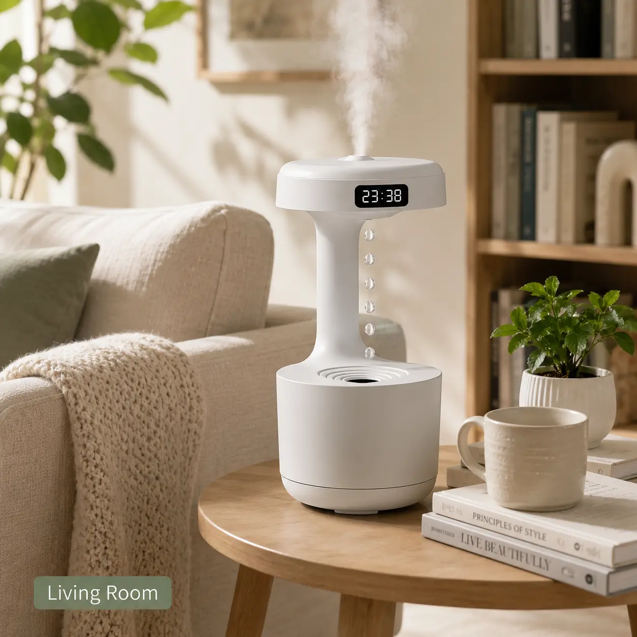Anti-Gravity Water Drop Humidifier with LED Clock, Cool Mist Desktop Humidifier for Bedroom Home Office, Quiet Large Capacity Air Humidifier, Unique Party Gift, White Elephant Gift, Christmas Gift for Women and Men