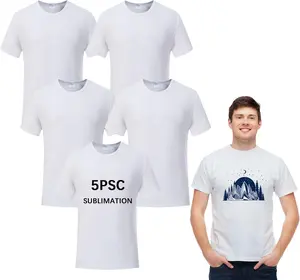 5 Pieces Polyester Adult Tshirts for Sublimation White Blank Crew Neck Men Short Sleeve T-Shirt