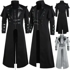 Mens Medieval Renaissance Punk Retro Long Slit Leather Coat for Stage Play Performance Photography Distressed Velvet CoatsGift