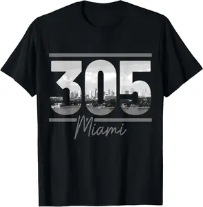 Miami 305 Area Code Skyline Florida Vintage Casual Shortsleeve Cotton T-Shirt