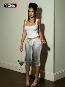 Digital Print Faux Denim Six-Inch Pants Slim, Stylish Casual Wear, Comfortable and Trendy, Perfect for Everyday Use, Women's Fashion