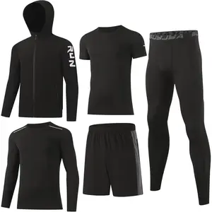BUYJYA 5Pcs Men's T Shirts Workout Long Sleeve Athletic Zip Pocket Shorts Jackets Compression Pants Gym Clothes