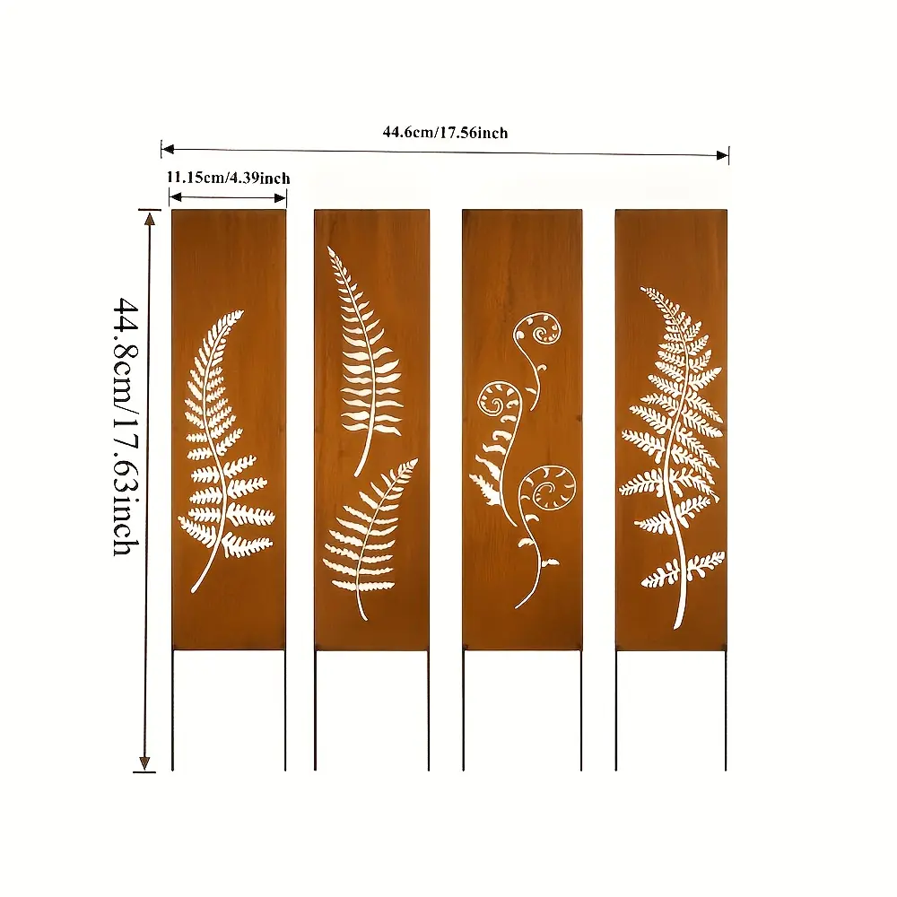 4-piece retro ironwork fern plant panel art set with stand — durable garden privacy screen with an elegant leaf design, perfect for outdoor decor and garden beautification; garden decorations, natural aesthetics, handcrafted welded iron